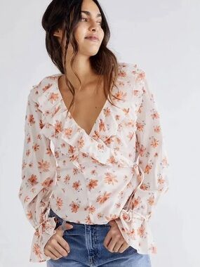 Free People Cream Blouse with Orange Pink Floral Ruffle Wrap